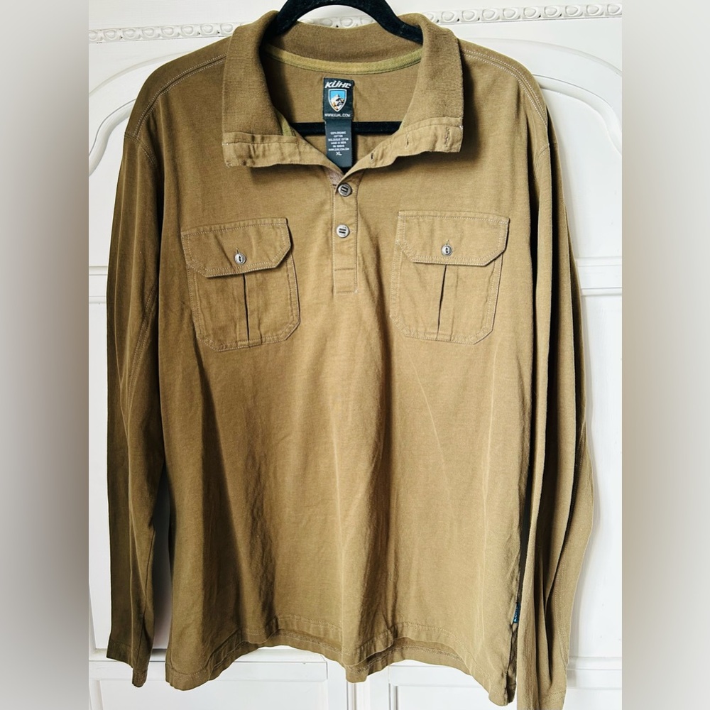Kuhl Organic Cotton Long Sleeve 1/4 Button Shirt Green Size XL Outdoor Active